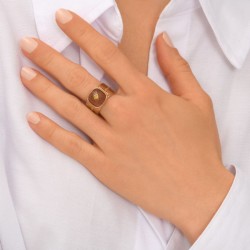 Bague large ajustable BABYLONE Or - Quartz fraise carré