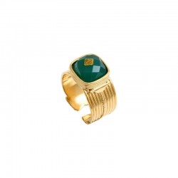 Bague large ajustable BABYLONE Or - Agate verte carré - SATELLITE