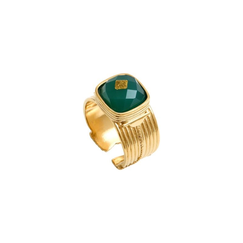 Bague large ajustable BABYLONE Or - Agate verte carré - SATELLITE