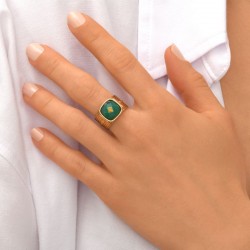 Bague large ajustable BABYLONE Or - Agate verte carré