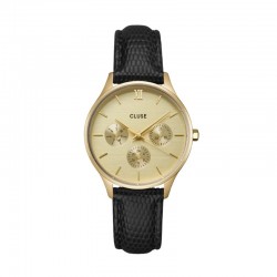 Montre Minuit Multifunction Leather Black Lizard, Gold color, cadran rond doré - CLUSE