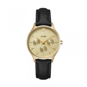 Montre Minuit Multifunction Leather Black Lizard, Gold color, cadran rond doré - CLUSE