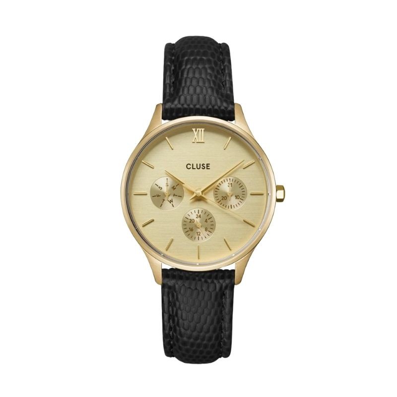 Montre Minuit Multifunction Leather Black Lizard, Gold color, cadran rond doré - CLUSE