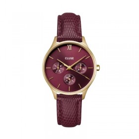 Montre Minuit Multifunction Leather Dark Cherry Lizard, Gold color, cadran rond cerise - CLUSE