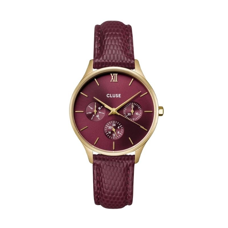 Montre Minuit Multifunction Leather Dark Cherry Lizard, Gold color, cadran rond cerise - CLUSE