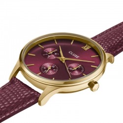 Montre Minuit Multifunction Leather Dark Cherry Lizard, Gold color, cadran rond cerise