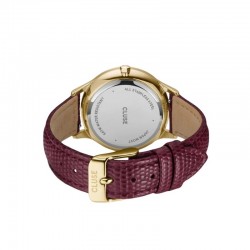 Montre Minuit Multifunction Leather Dark Cherry Lizard, Gold color, cadran rond cerise