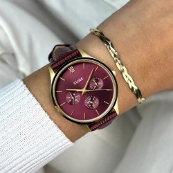 Montre Minuit Multifunction Leather Dark Cherry Lizard, Gold color, cadran rond cerise