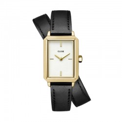 Montre Fluette Double Leather Black, couleur or, cadran rectangle & bracelet cuir noir - CLUSE