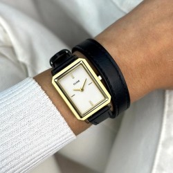 Montre double rangs  Fluette Double Leather Black, couleur or & cuir noir