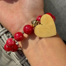 Bracelet élastique doré - Grosses Perles Jades Rouge & Coeur