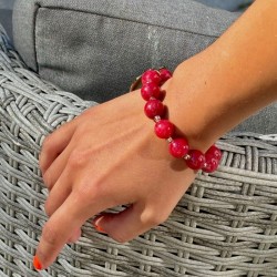 Bracelet élastique doré - Grosses Perles Jades Rouge & Coeur