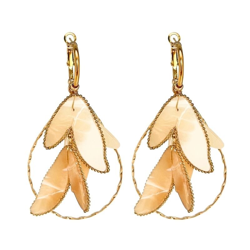 Boucles d'oreilles pendantes FEUILLES - Anneau ovale, feuilles stylisées - JORGINA