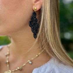 Boucles d'oreilles pendantes - Tissage noir & Cristaux de bohème