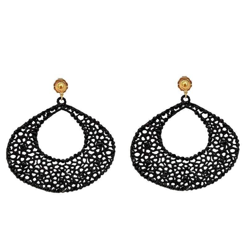 Boucles d'oreilles pendantes dorées - Puces, motifs ajourés noirs en demi-lune - JORGINA