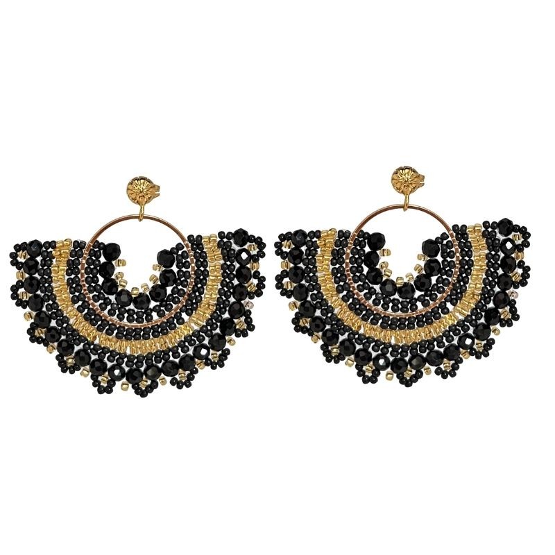 Boucles d'oreilles puces dorées - Pendentifs en éventails noirs