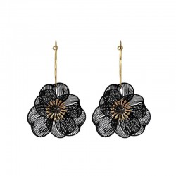 Boucles d'oreilles créoles dorées - Pendentifs en fleurs noirs - JORGINA