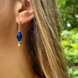 Boucles d'oreilles crochet strass & Pendentif goutte Lapis Lazuli