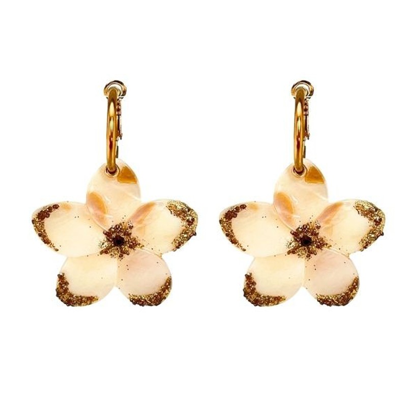 Boucles d'oreilles créoles, Fleurs blanc crème & paillettes dorées JORGINA