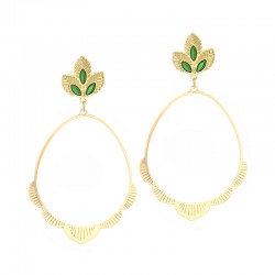 Boucles d'oreilles pendantes JOJAWAR Or - Fleurs résine verte, motifs en vague - Laëti Trëma