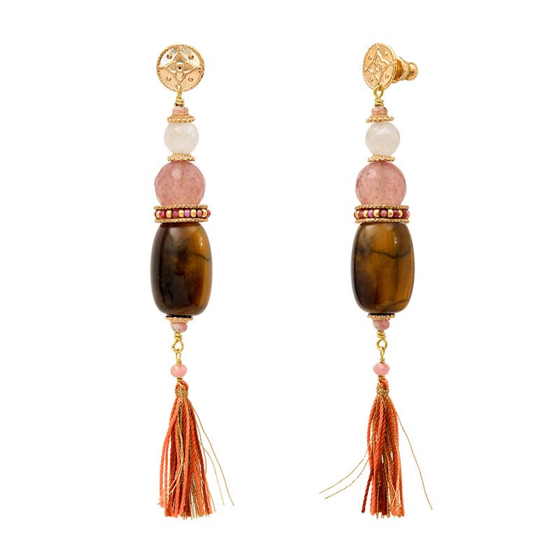 Boucles d'oreilles pendantes TIKI Or - Oeil de Tigre, Quartz fraise & fils de soie rose - SATELLITE