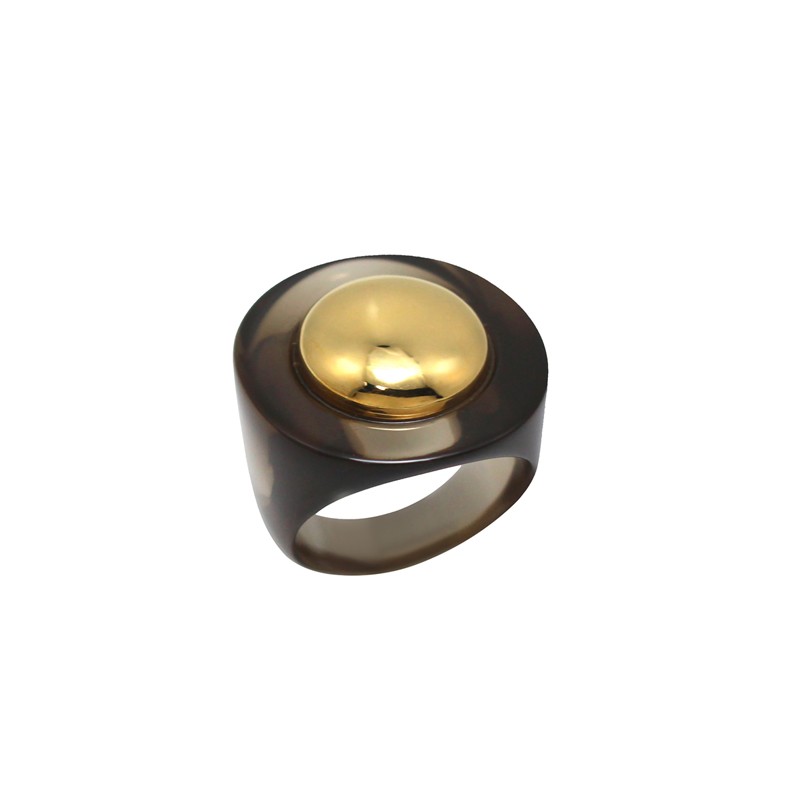 Bague large DEEP SMOKEY résine NOIRE - Cabochon rond doré - Lucas Jack