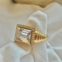 Bague large WHITE STONE SOFIA Or - Zircons & Pierre blanche rectangle TAILLE 54