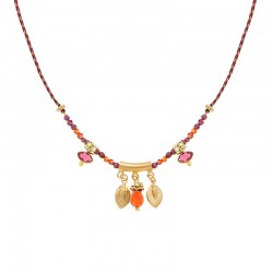 Collier chaîne JAIPUR DELHI Or - Pendentifs feuilles & Goutte Jade orange - Laëti Trëma