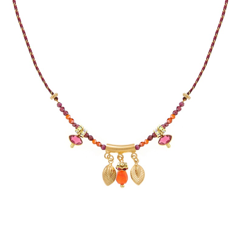 Collier chaîne JAIPUR DELHI Or - Pendentifs feuilles & Goutte Jade orange - Laëti Trëma