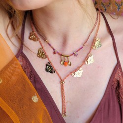 Collier cordon mi-long JAIPUR DELHI Or - Feuilles & Goutte Jade orange