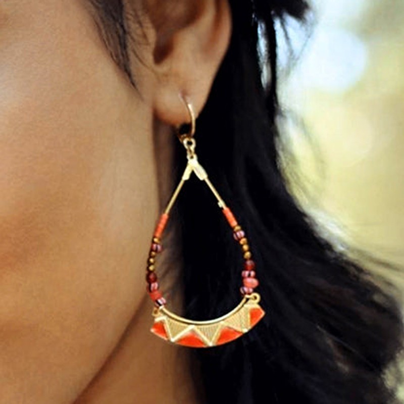 Boucles d'oreilles créoles UDAIPUR Or - Motif en rosace & Perles orange