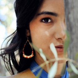 Boucles d'oreilles créoles UDAIPUR Or - Motif en rosace & Perles orange