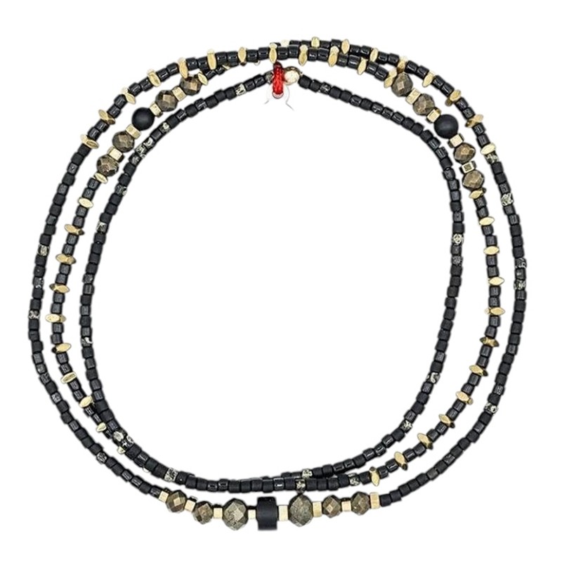 Collier & Bracelet BLACK PANTHER SLIM 3 tours - Miyukis noires, Pyrites, Hématites dorées - TÊTES BLONDES