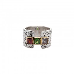 Bague large en argent LAUREA - Oxydes multicolores carrés et laiton doré TAILLE 56