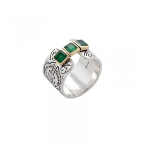 Bague large en argent LAUREA - 3 oxydes verts & laiton doré CANYON