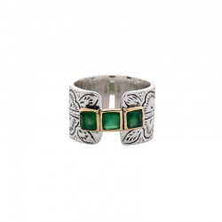 Bague large en argent LAUREA - 3 oxydes verts & laiton doré TAILLE 54