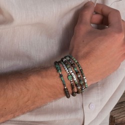 Bracelet Homme élastique Argent - Perles Bois & Perles vertes TAILLE M