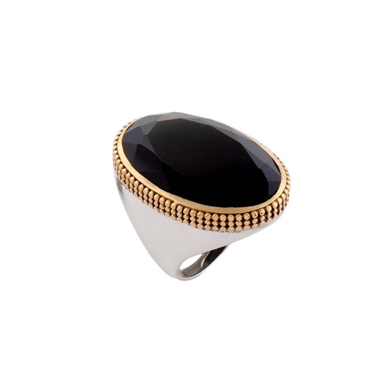 Grosse bague ovale Onyx noir - argent et laiton doré CANYON