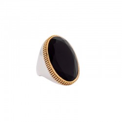 Grosse bague ovale Onyx noir - argent et laiton doré TAILLE 62