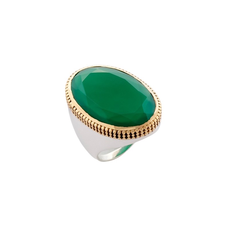 Grosse bague ovale Onyx vert - argent et laiton doré CANYON