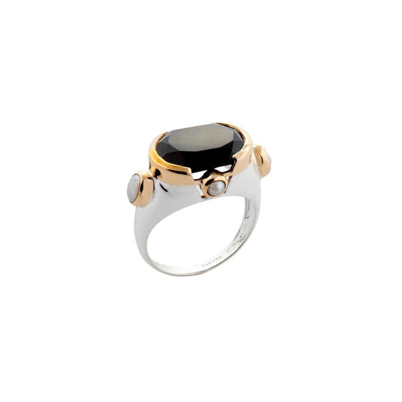 Bague mini ovale Onyx noir & perles blanches - argent et laiton doré CANYON