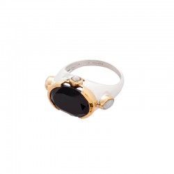 Bague mini ovale Onyx noir & perles blanches - argent et laiton doré TAILLE 60