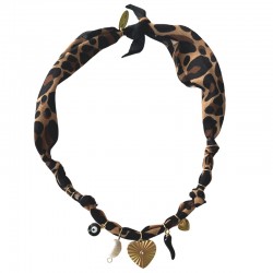 Collier bandana Coeur Indi Léopard - Perle blanche, oeil & piment noir BADHNATI