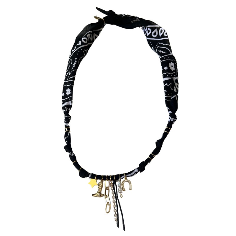 Collier bandana Lasso Cow-Boy Lover Noir - Charms dorés - Badhnati