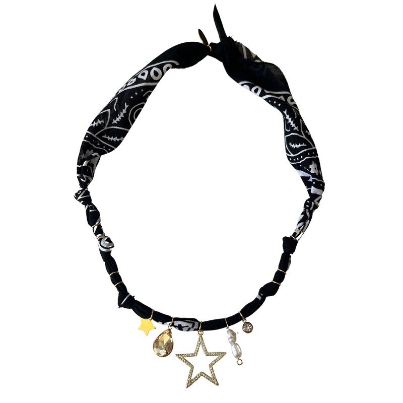 Collier bandana Star Perle Cow-Boy Lover Noir - Charms dorés - Badhnati