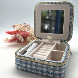 Boîte à Bijoux carrée TWEED BLEU - Miroir intégré & fermeture dorée