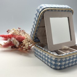 Boîte à Bijoux carrée TWEED BLEU - Miroir intégré & fermeture dorée