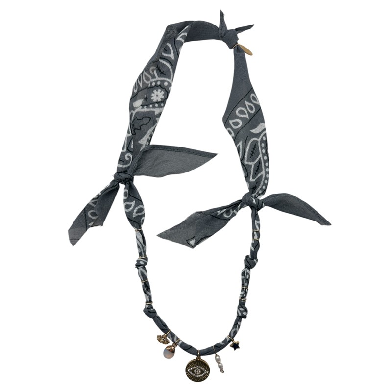 Collier bandana Oeil Magic Dream Gris - Médaille & perles blanches BADHNATI