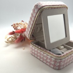 Boîte à Bijoux carrée TWEED ROSE - Miroir intégré & fermeture éclair