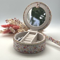 Boîte à Bijoux ronde motif floral rose - Miroir intégré